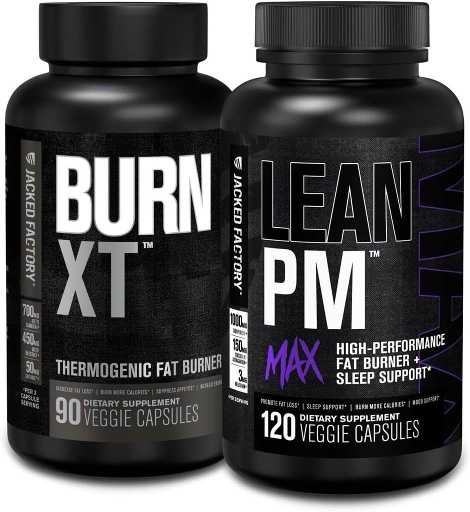 Jacked Factory Burn XT Termogenic Fat Burner - Appetite Suppressant & Nootropic Energy Branson (90 Capsules) & Lean PM Max High-Performance Kilo Kaybı, Uyku Desteği | (120 Capsules)