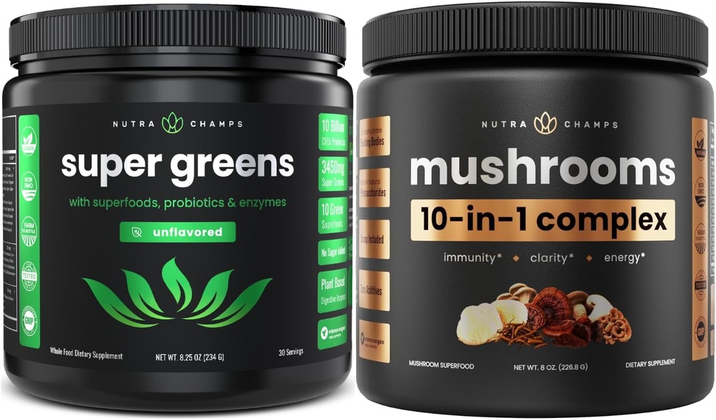 NutraChamps Super Greens Άγευστα & Super Μανιτάρια: Ultimate Brain, Gut & Body Boost