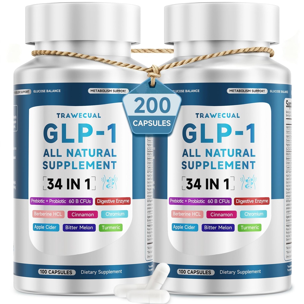 GLP-1 Supplement, 34-in-1 Formula to Support Healthy GLP1 Levels, digestion & Gut Health, with Berberine, Bitter Melon, Cinnamon, Turmeric, Probiotics, Prebiotics & Digestive Enzymes, 200 Capsules