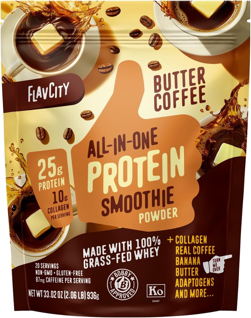 FlavCity Grass Fed Whey Protein Powder - Butter Coffee - 25g πρωτεΐνη, 10g κολλαγόνο & 87mg καφεΐνη - Κατασκευασμένο με οργανικό Reishi & Cordyceps - Χωρίς γλουτένη & Χωρίς πρόσθετα σάκχαρα (20 υπηρεσίες)