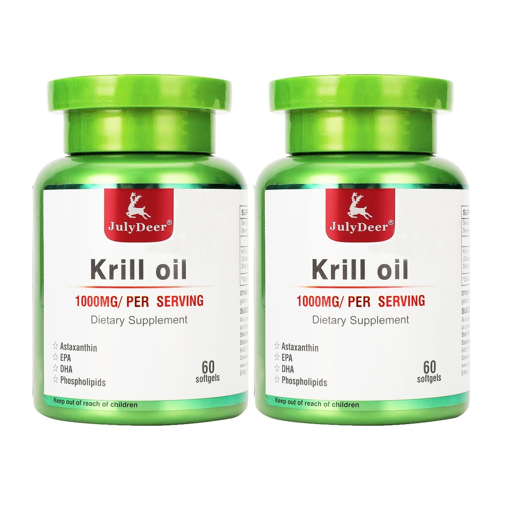 2 Μπουκάλια Έλαιο κριλ Ανταρκτικής 1000 mg με Omega-3s EPA, DHA, Ασταξανθίνη και φωσφολιπίδια 60 Συμπλήρωμα Softgels Όχι Ψαρική Επίγευση για την κοινή, καρδιά, εγκέφαλο και ανοσία - 120 Softgels