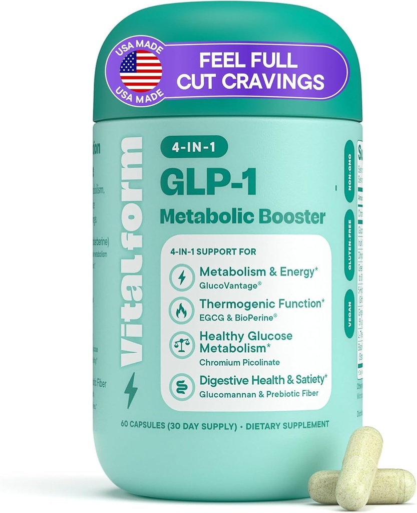 GLP-1 Metabolic Support Supplement – 4-in-1 Formula for Appetite Control, Cravings, Digestion, Energy & Weight Management – With GlucoVantage®, Berberine, Inulin & EGCG – Vegan Capsules