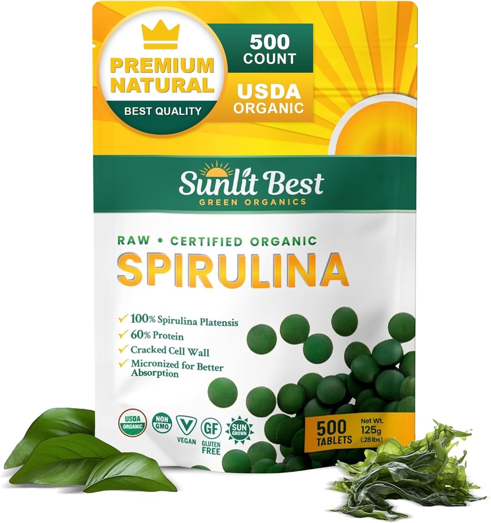 Sunlit Best Spirulina Tablets - Organic Spirulina Tablets USDA Premium 500 Count - Natural Spirulinas Organic Burst for Immune Support Muscle Growth, Energy Boost w/Chlorophyll - High Protein, Non GMO