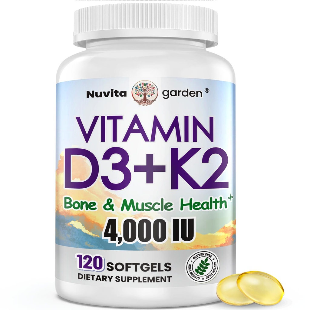 4000 IU Vitamin D3 and 200mcg K2 Supplements with Maximum Bioavailability - Supports Bone, Calcium Balance, Immunity & Mood - 120 Capsules