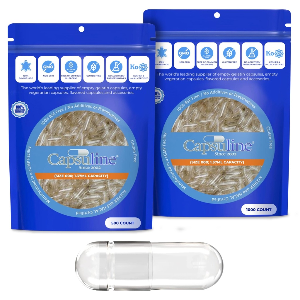 Capsuline Size 000, 1000 Count and Size 000, 500 Count Bundle Gelatin Empty Capsules, Empty Gel Pill Capsules, DIY Pure Bovine Pill Capsule Filling, Kosher, Gluten Free and Non-GMO Certified, Clear