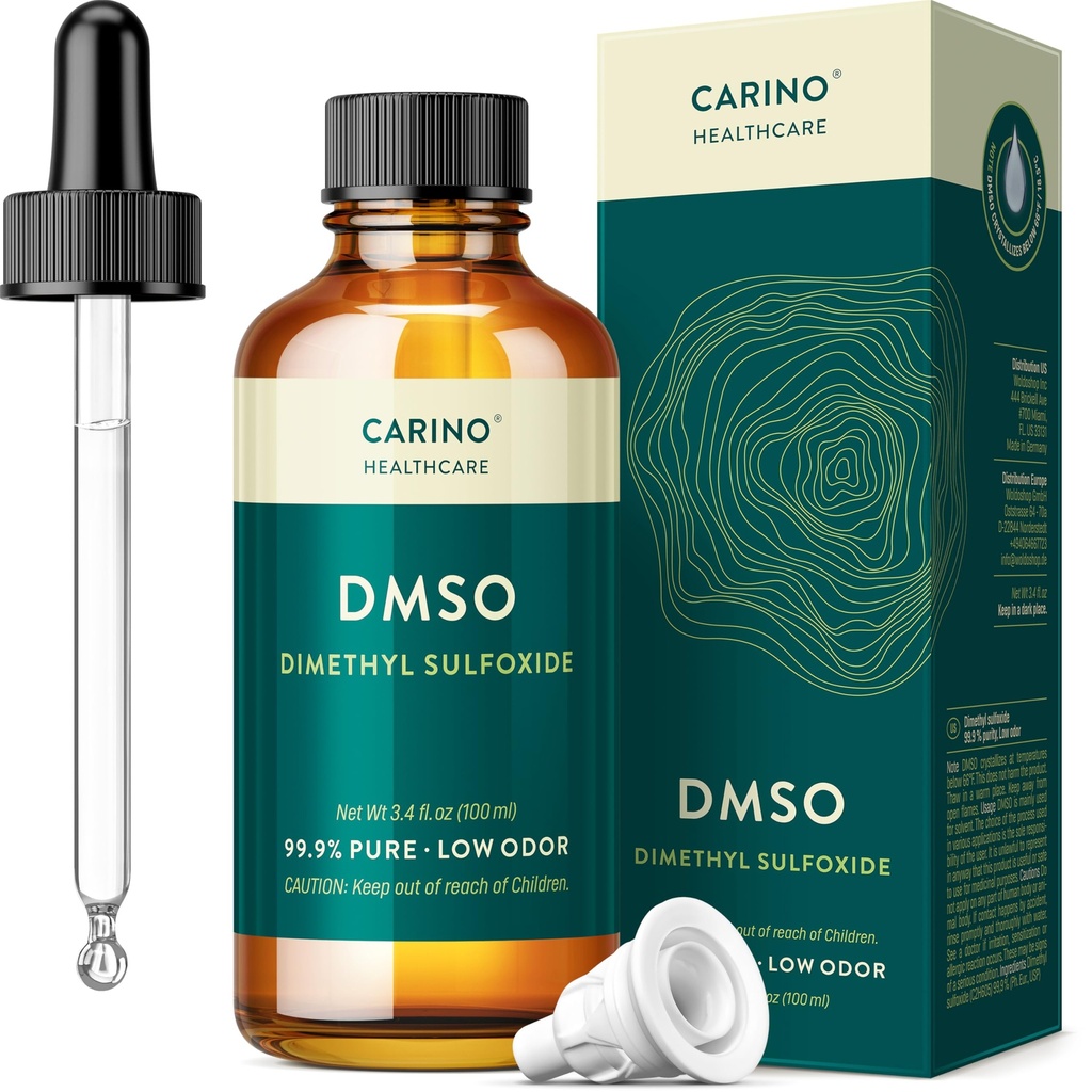 Carino HealthCare DMSO 99.9% Pharmaceutical Grade - FT-IR Verified Dimethyl Sulfoxide in Amber Glass Bottle with Pipette & Dropper Cap 3.38 oz