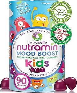 NUTRAMIN Παιδική Mood Boost Vegan Vitamin Gummy: Ηρεμιστικό συμπλήρωμα κιτρικού μαγνησίου για παιδιά με σύμπλοκο Ashwagandha & βιταμίνης Β για να χαλαρώσετε & να εστιάσετε - Χωρίς ζάχαρη, Αλλεργία-ασφαλής, μη ΓΤΟ 90 ct