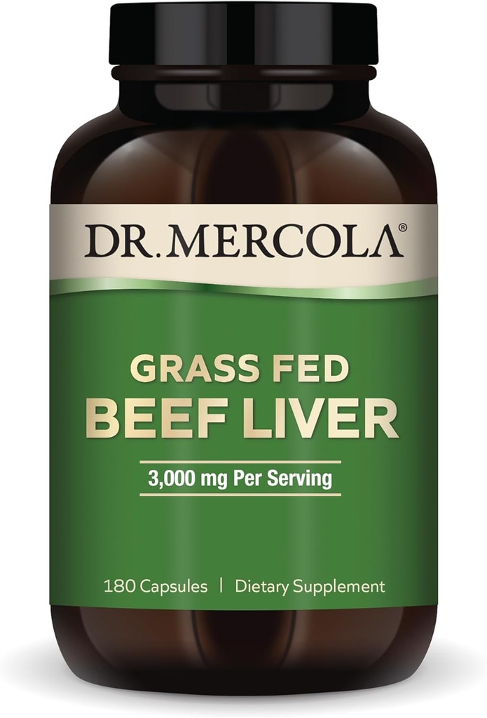 Dr. Mercola Grass Fed Beef Liver, 30 Servings (180 Capsules), 3,000 mg Per Serving, Dietary Supplement, Supports Immune Heath, Non-GMO
