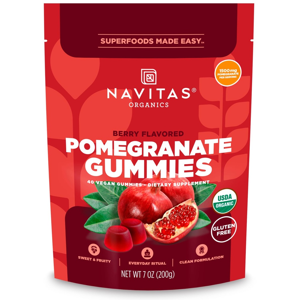 Navitas Organics Gummies – Berry Flavored Pomegranate Gummies – 1500mg Pomegranate Per Serving – Inner Radiance – USDA Organic, Vegan, Gluten Free, Non GMO (7oz. Bag, 20 Servings)