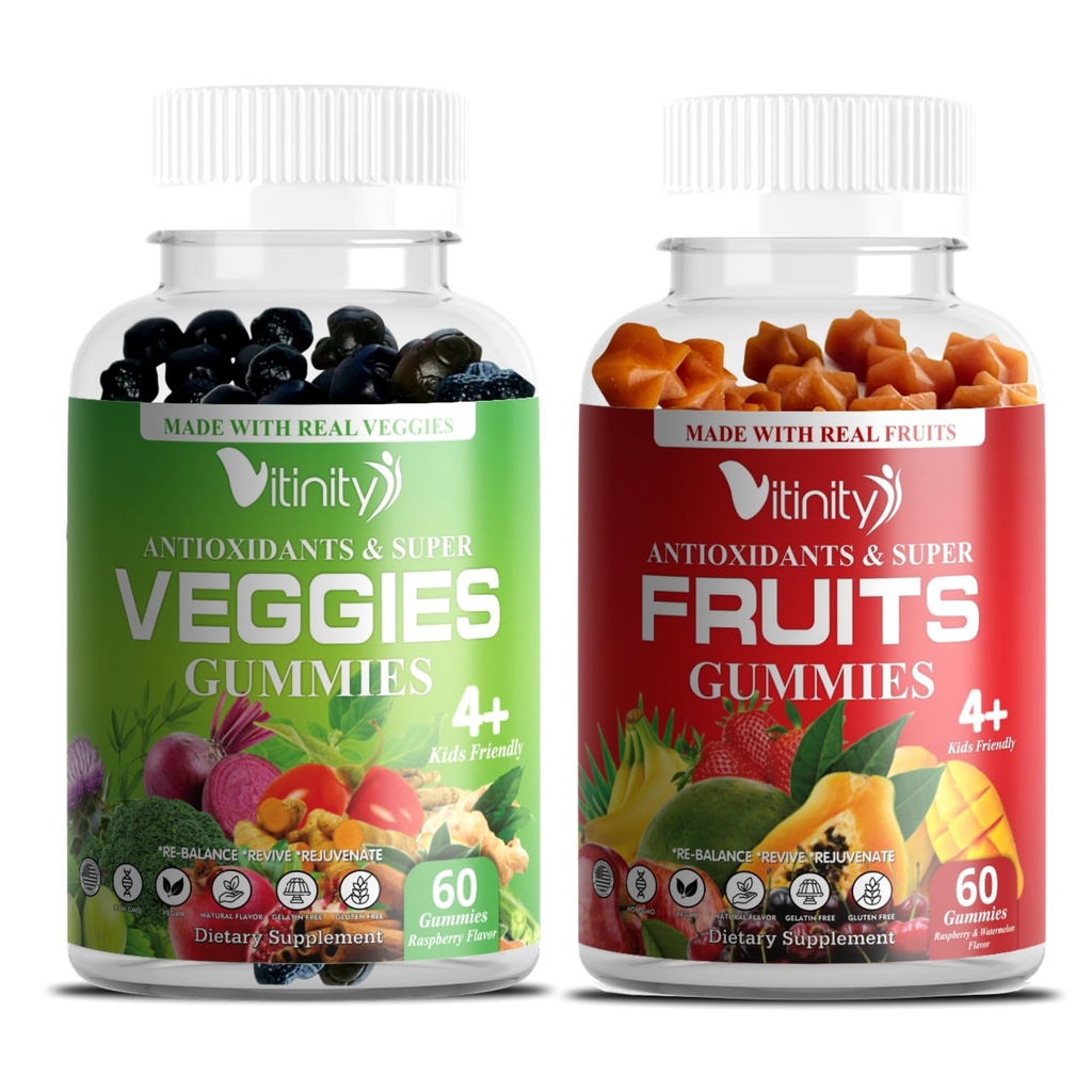 VITINITY Fruit and Veggies Supplement Gummies – Greens Gummies with Real Fruits & Vegetables – Vegan Fruit Gummies & Super Greens Gummies for Adults & Kids, 60 Count (30 Day Supply)