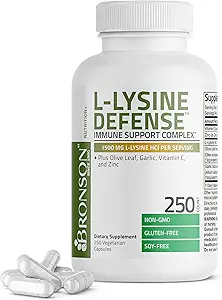 Bronson L-Lysine Savunma Immune Support Complex 1500 MG L-Lysine Plus Olive Leaf,,, C ve çinko - Non-GMO, 250 Vegetarian Capsules