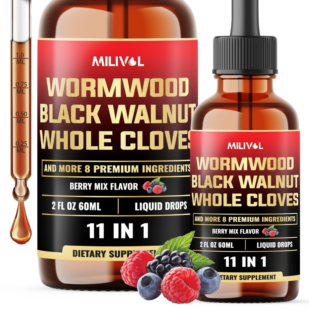 11in1 Black Walnut Wormwood Tincture Extract with Whole Cloves, Berberine and 8 More - Berry Mix Flavor - 2FL Oz - 120 Day Supply