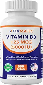 Vitamatic Vitamin D3 5000 IU (125 mcg) - 500 Mini Softgels Zeytinya Dayalı Formula - Soğuk - 500 Gün Supply – Destekler Bone, Muscle & Immune Health – Non-GMO & Gluten-Free-Free-GMO & Gluten-Free