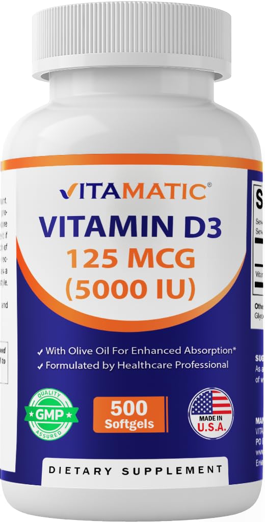 Vitamatic Vitamin D3 5000 IU (125 mcg) - 500 Mini Softgels Zeytinya Dayalı Formula - Soğuk - 500 Gün Supply – Destekler Bone, Muscle & Immune Health – Non-GMO & Gluten-Free-Free-GMO & Gluten-Free