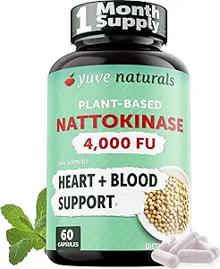 Yuve Nattokinase 4000 FU, συμπλήρωμα Nattokinase για την υποστήριξη της καρδιοαγγειακής υγείας - Φυσικό Αίμα Thinner - Ένζυμο νατοκινάσης από το εκχύλισμα Natto, Χωρίς ζάχαρη, Βιταμίνη K Δωρεάν - 60 χάπια, Made in USA
