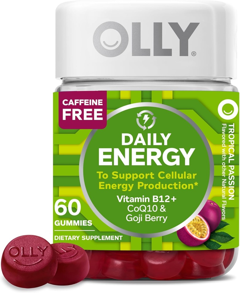 OLLY Daily Energy Gummy, Caffeine Free, Vitamin B12, CoQ10, Goji Berry, Yetişkin Chewable Supplement, Tropikal Flavor - 60 Count
