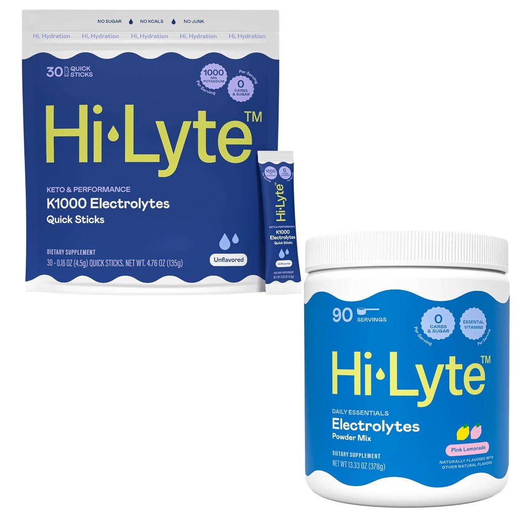 Hi-Lyte Hydration Bundle - Keto K1000 Unflavored Electrolyte Packets (30 Servings) Pink Lemonade Electrolyte Powder (90 Servings)