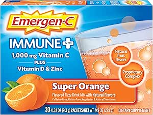 Emergen-C Immune+ 1000 mg Vitamin C Toz, D vitamini, çinko, Antioksis ve Electrolytes for Immunity, Immune Support Diyetary Supplement, Super Orange Flavor - 30 Count/1 Moon Supply