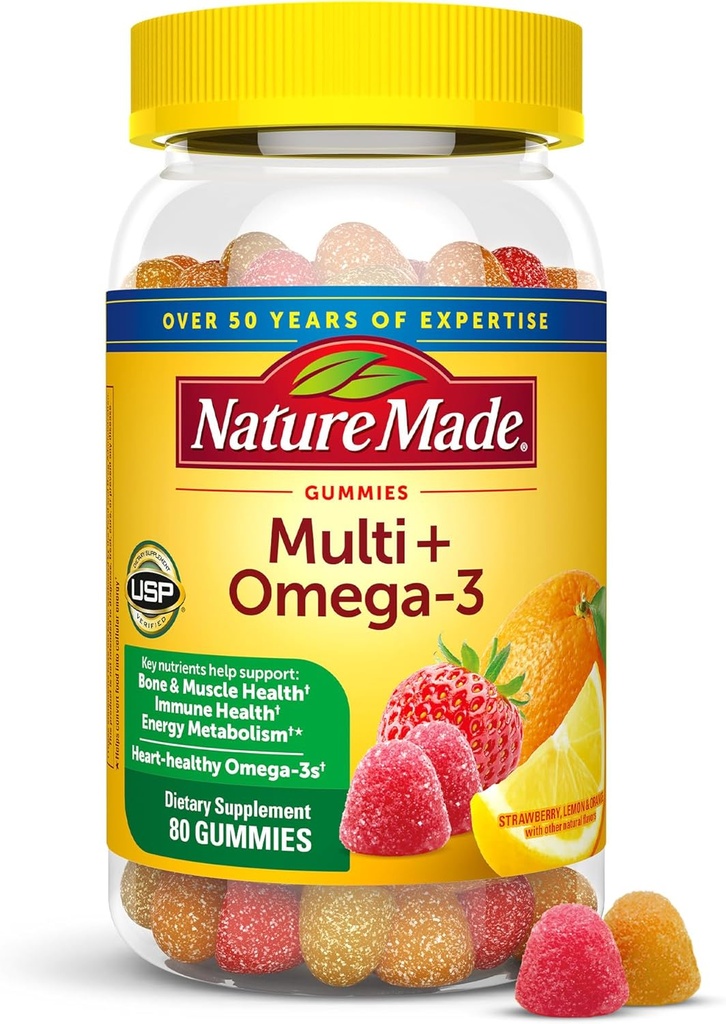Nature Made Multivitamin + Omega-3, Multivitamin Gummies for Women and Men, Daily Nutritional Support, 80 Yetişkin Gummy Vitamins & Minerals, 40 Day Supply