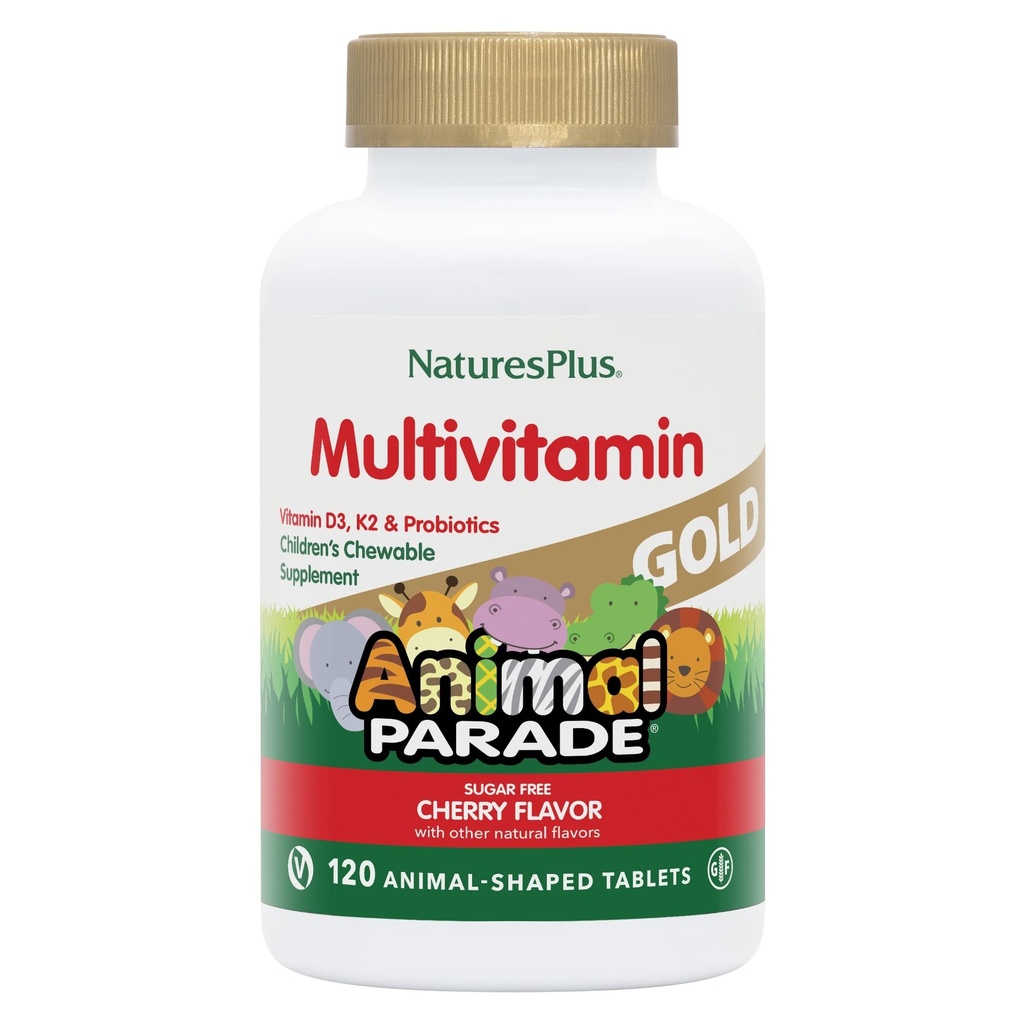 NaturesPlus Animal Parade Gold Children's Chewable Multivitamin - Natural Cherry Flavor - 120 Animal Shaped-Tablets - with Vitamin D3, K2 & Probiotics - Vegetarian & Gluten Free - 60 Servings.