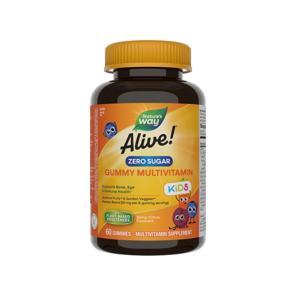 Nature's Way Alive! Kids Zero Sugar Gummy Multivitamins, for Kids Ages 2+, Supports Bone, Eye & Immune Health*, No Sugar Alcohols, Plant-Based Sweeteners, Berry-Citrus Flavored, 60 Gummies