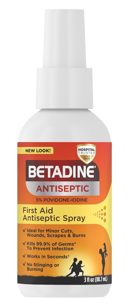 Betadine Antiseptic First Aid Spray, Povidone-iodine% 5, Enfeksiyon Koruma, Küçük Cuts'te Germs Öldürüyor ve Burns, No Sting Promise, No Alkol veya Hidrojen Peroksi, 3 FL OZ