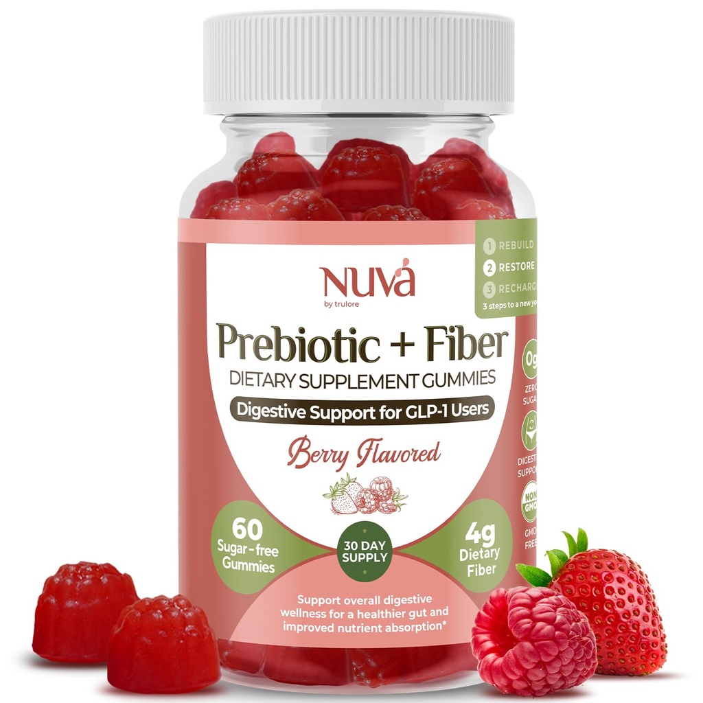 NuVa by Trulore Prebiotic + Fiber Gummies | GLP-1 User Nutritional Support | Sugar Free Fiber Gummies for Adults | Berry Flavor | Non-GMO Digestive Balance for Men & Women | 60 Gummies - 30 day Supply