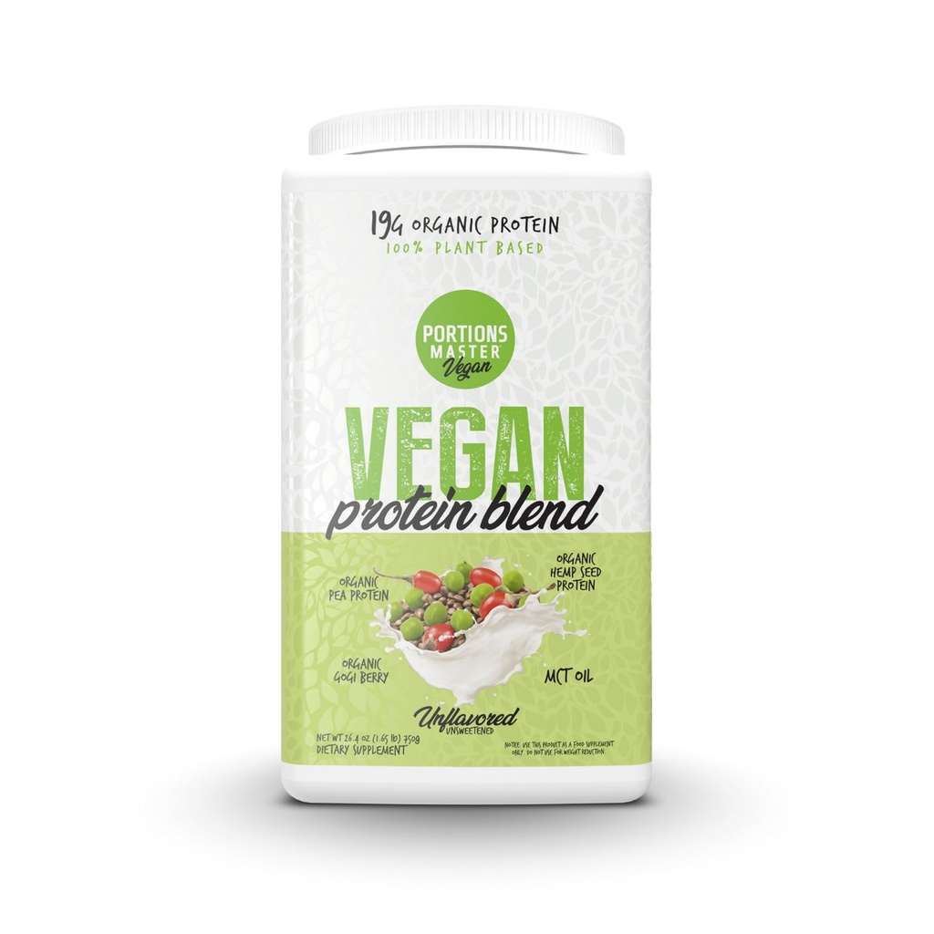 Portions Master Vegan Protein Blend, Complete Plant Based Protein Powder with Pea Hemp Seed Goji Blend Medium Chain Triglycerides (750g, Unflavored)