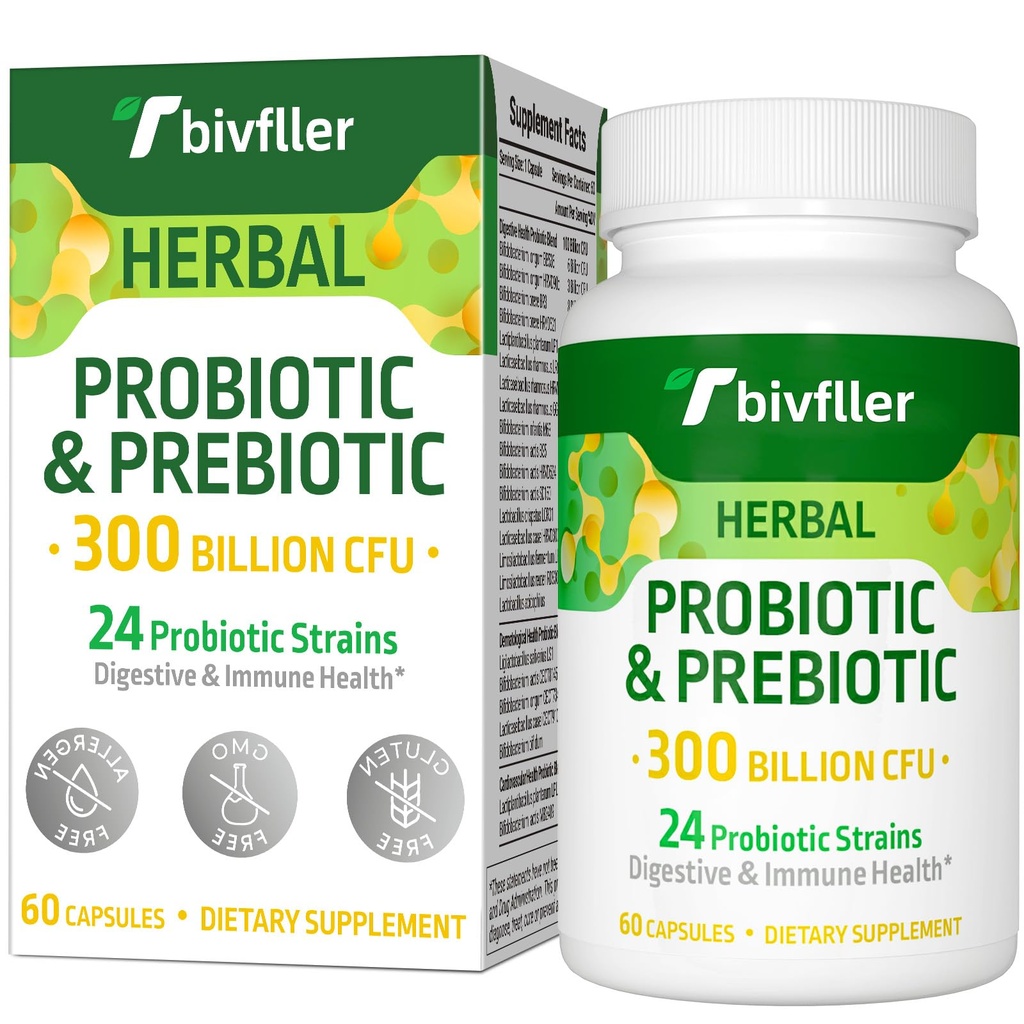 Kadınlar için Probiyotikler 300 Milyar CFU, 24 Strains Probiyotik+15 Organik Herbs Prebiyotikler, Pre and Probiyotikler, Digestive Health, Immune & Gut, Diarrhea, Bloating, Vegan, 2 Ay Supply