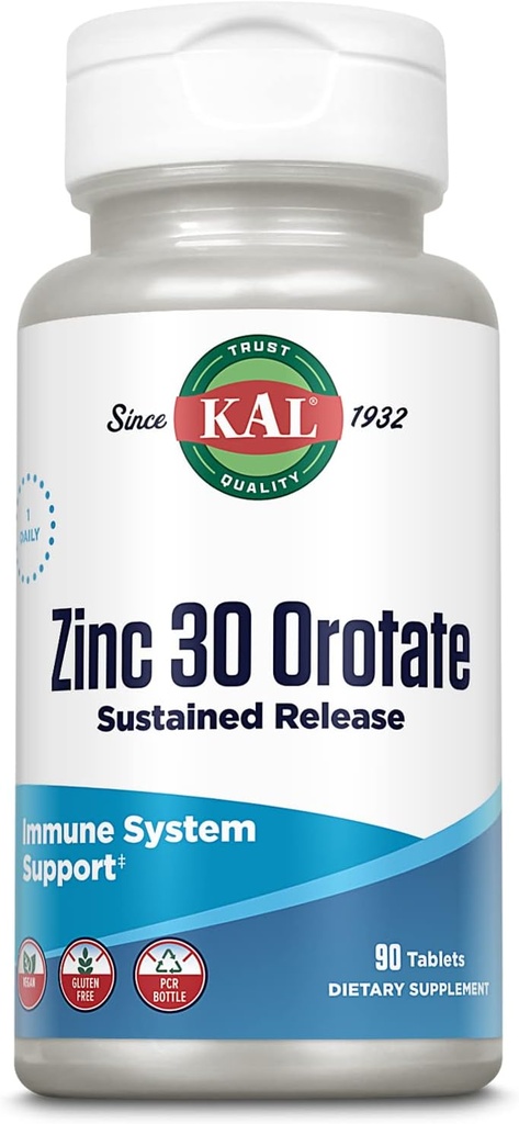 KAL çinko Orotate 30 mg, Sustained Release, Chelated çinko Tabletleri, Immune Support Supplement, Protein Synthesis, Metabolism, Enerji Desteği, Vegan, Gluten Free, 60-Day Garanti, 90 Hizmet, 90 Tablet