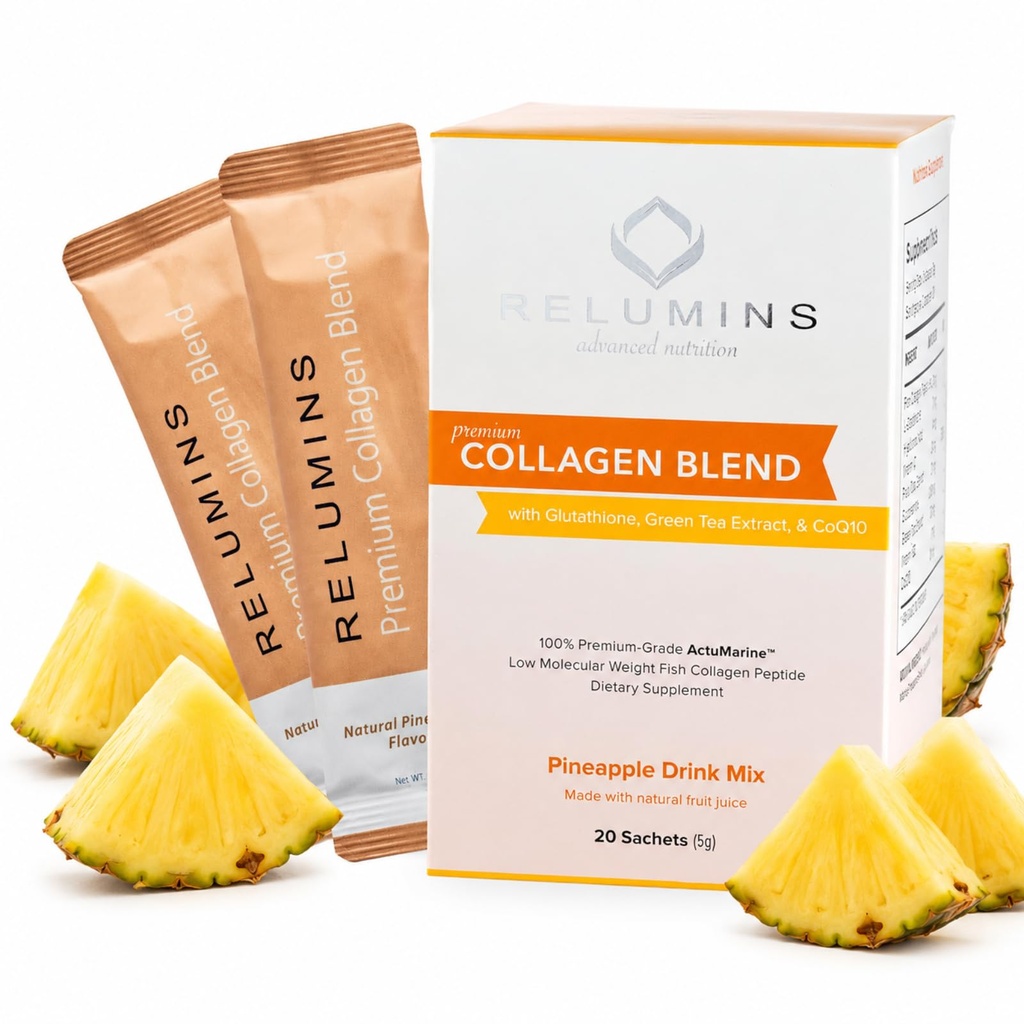 Relumins Marine Collagen Drink Mix 5000mg Type I, II, III Peptides with Glutathione, Green Tea, CoQ10 & Hyaluronic Acid for Smooth Glowing Skin - Pineapple Flavor - 20 Sachets + 2 Free