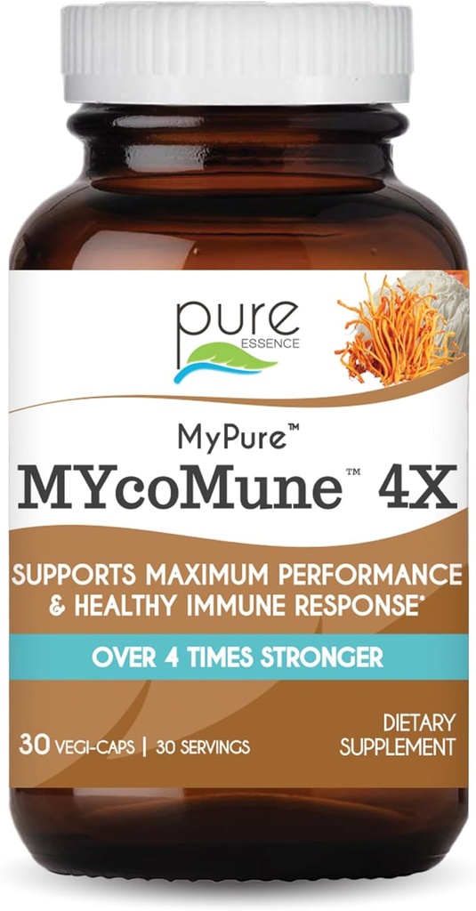 MycoMune 4X Organik Mushroom Supplement - Reishi, Lion's Mane, Cordyceps, Chaga, Shiitake, Maitake for Immune System, Combat Stress, Build Energy by Pure Essence - 30 Caps