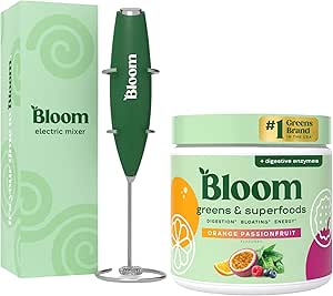 Bloom Beslenme Superfood Greens Toz, Probiyotikler ve Prebiyotikler ile Digestive Enzymes, Gut Health, Bloating Relief, Orange Passionena + Milk Frother High