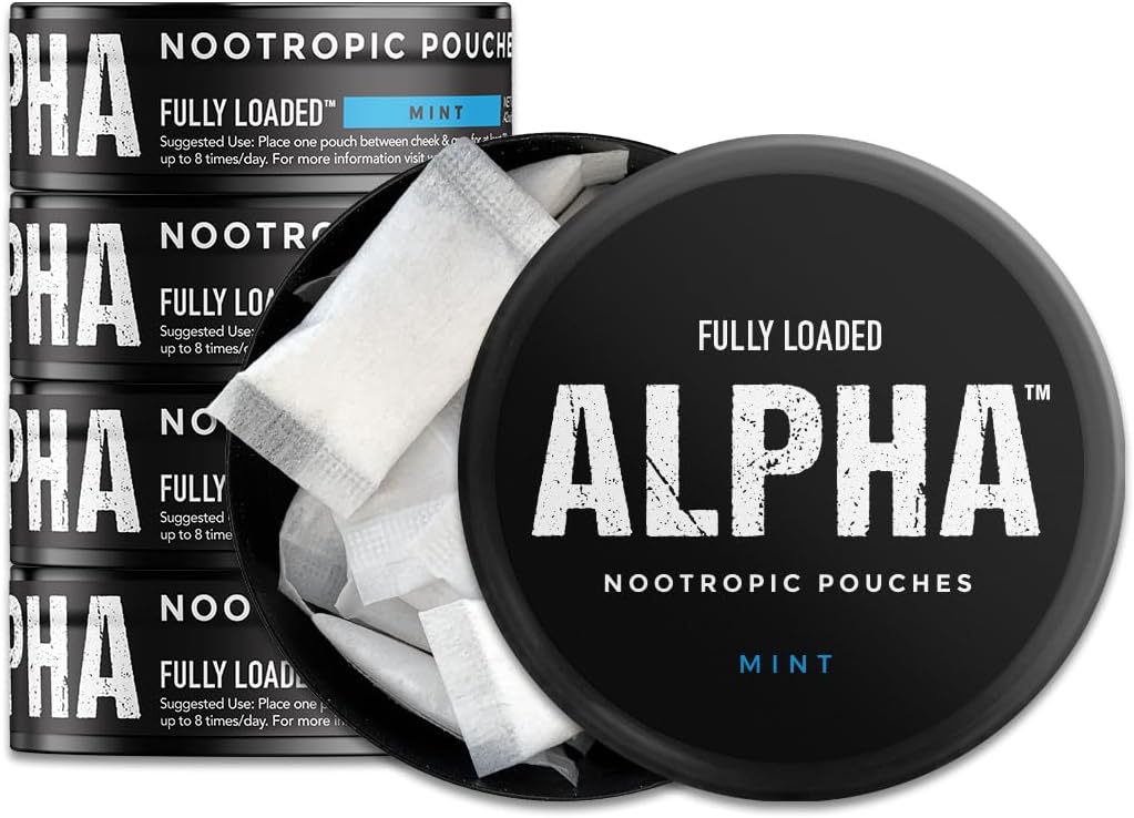 Πλήρως φορτωμένο Alpha Nootropic Pouches (Mint) - 5 κονσέρβα - 15 Pouchs per can - Αποτελεσματική Νοοτροπική Παράδοση, Nic Pouch Αντικατάσταση - Ταχύτερη Απορρόφηση, Alpha GPC, L-Tyrosine, GABA