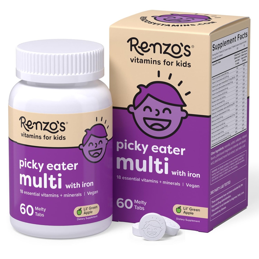 Picky Eater παιδιά του Renzo πολυβιταμίνη με σίδηρο - Διαλυτές βιταμίνες παιδιά με σίδηρο, ψευδάργυρο, βιταμίνη C, βιταμίνη D, Ε & Κ, ζάχαρη-free Μελάτες, Πράσινη γεύση μήλου, 60-Count (1-2 μήνας προσφοράς)