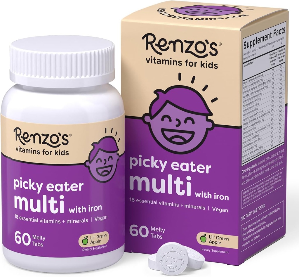 Renzo'nun Picky Eater Kids Multivitamin Demir, Çocuk Vitamin D3 ve K2 ve Daha Fazlası, 60 Sugar-Free Melty Tabs, Lil' Green Apple Flavored