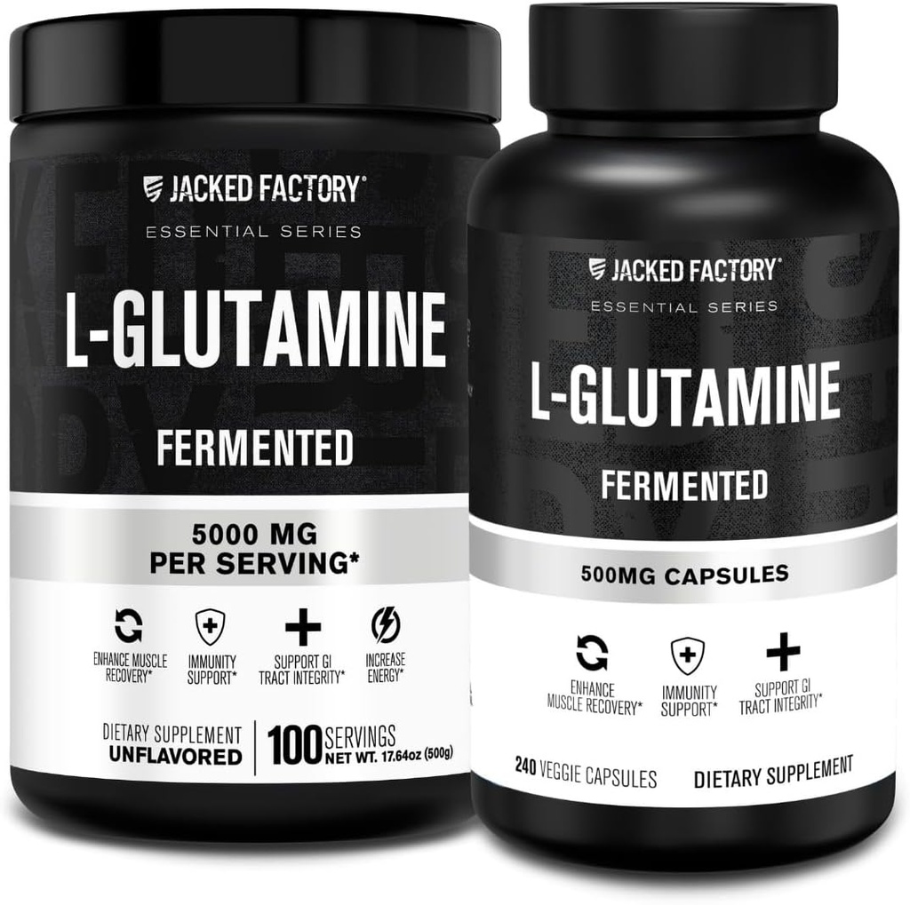 Jacked Factory L-Glutamine Powder 100 Σερβιέτες & L-Glutamine Κάψουλες 500mg (240 κάψουλες) για την αποκατάσταση μυών μετά την προπόνηση, Ανοσία, Digestive Health