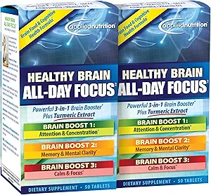 Uygulamalı Beslenme Sağlıklı Beyin All-Day Focus - 50 Tablet, 2 Paket - Turmeric Extract ile Güçlü 3-in-1 Beyin ATM - 50 Toplam Hizmetler