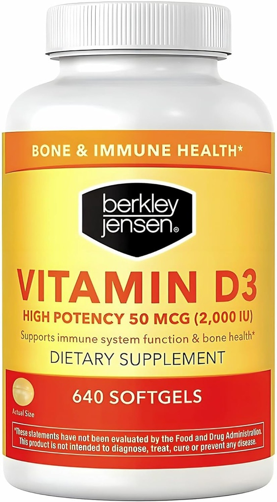 Berkley Jensen Yüksek Potency D3 2000IU (50 mcg) (640 Softgels), Dişler, Kas, Immune Function ve Bone Health, for Men and Women, Made in USA, 640 Day Supply)