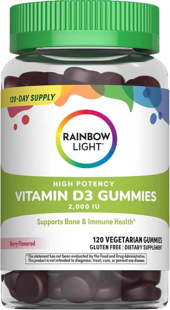 Rainbow Light Vitamin D Gummies, High Potency Vitamin D3 2,000IU Immune Health Support, Güçlü Bones & Teeth, Gluten Free, Vegan, Berry, 120 Gummies