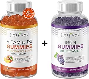 Doğal Biyo Bilimi Sugar Free Vitamin D3 K2 Gummies 5000 IU & Iron Gummies with Vitamin C, Ekstra Kuvvet, Immune Support, Bone Health, Heart Health, Energy Support, 60 Gummys