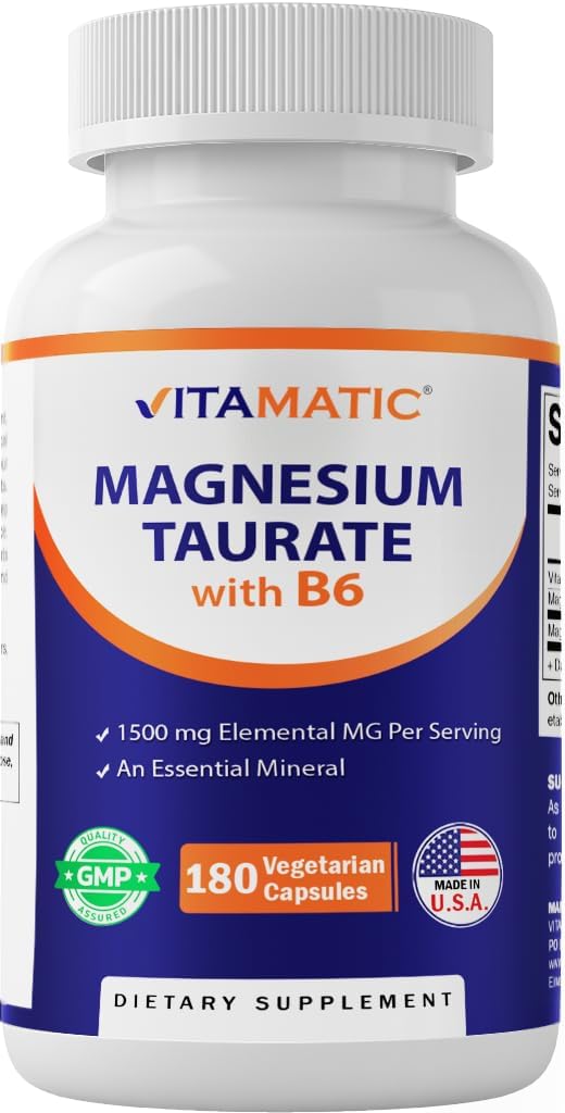 Vitamatic Magnesium Taurate 1500mg per Serving - 180 κάψουλες χορτοφαγικής (Παρέχει 300 mg στοιχειακό μαγνήσιο) - Προστέθηκε B6 για μέγιστη απορρόφηση - Υποστηρίζει τους μυς, αρθρώσεις, και καρδιακή υγεία*