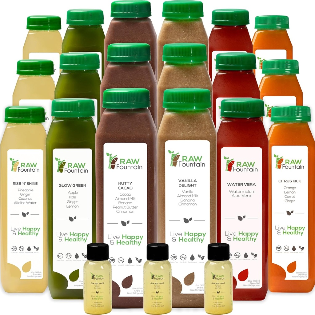 7 Day Protein Juice Cleanse by Raw Fountain, All Natural Raw Detox Cleanse, Cold Pressed Fruits, Vegetables, Vanilla and Chocolate Flavor, Tasty and Energizing, 42 Bottles 12oz, 3 Ginger Shots