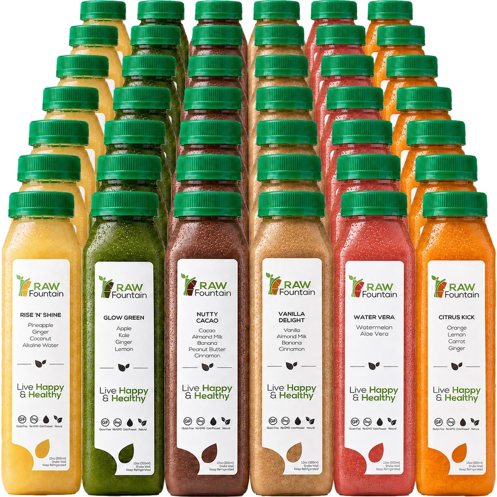 7 Günlük Protein Suyu Raw Fountain tarafından Temizlendi, All Natural Raw Detox Cleanse, Cold Pressed Meyveler, Sebzeler, Vanilla ve Chocolate Flavor, Tasty ve Enerjilendirme, 42 Şişe 12oz, 3 Ginger Shots