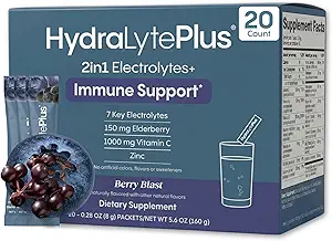 Hydralyte Electrolytes Plus Immunity, Elderberry - Low Sugar Rapid Rehidr Toz - Işıkly Sparkling Electrolyte Toz Paketleri 1.000 mg C ve 300 mg Elderberry (8oz Serve, 20 Count)
