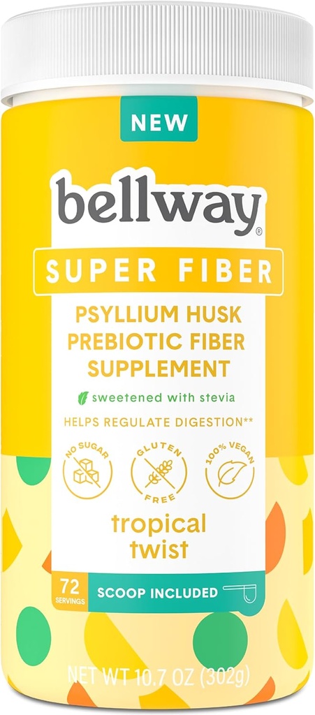 Bellway Super Fiber Supplement Toz - Psyllium Husk Toz, Sugar Free, Vegan, Gluten Free, Twist Tropikal, 72 Hizmetler