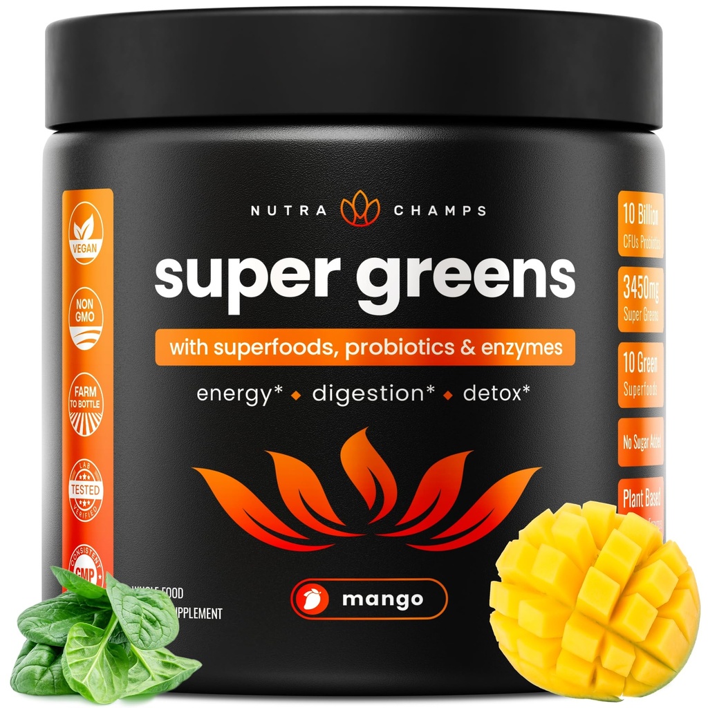 NutraChamps Super Greens Toz Premium Superfood | 20+ Organik Yeşil Veggie Tüm Gıdalar | Buğday Çim, Spirulina, Chlorella | Antioksi, Digestive Enzyme & Probiyotik Mixs (9.0 OZ, Mango)