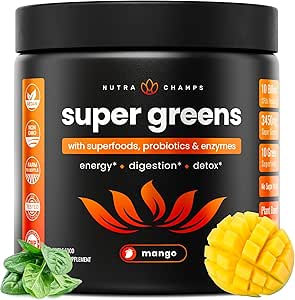 NutraChamps Super Greens Toz Premium Superfood | 20+ Organik Yeşil Veggie Tüm Gıdalar | Buğday Çim, Spirulina, Chlorella | Antioksi, Digestive Enzyme & Probiyotik Mixs (9.0 OZ, Mango)