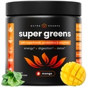 NutraChamps Super Greens Toz Premium Superfood | 20+ Organik Yeşil Veggie Tüm Gıdalar | Buğday Çim, Spirulina, Chlorella | Antioksi, Digestive Enzyme & Probiyotik Mixs (9.0 OZ, Mango)