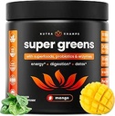 NutraChamps Super Greens Toz Premium Superfood | 20+ Organik Yeşil Veggie Tüm Gıdalar | Buğday Çim, Spirulina, Chlorella | Antioksi, Digestive Enzyme & Probiyotik Mixs (9.0 OZ, Mango)